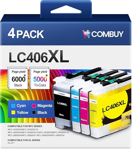 LC406XL Ink Cartridges High Yield Compatible for Brother LC406 Ink Cartridges LC406XL use with Brother MFC-J4335DW MFC-J4535DW MFC-J5855DW MFC-J6555DW Printer (Black Cyan Magenta Yellow 4 Pack)-DeskLoop Office