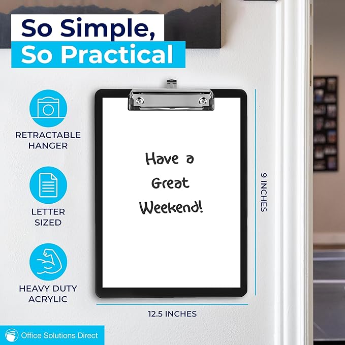 Black Plastic Clipboards (Set of 6) Multipack - 12.5x9 Inch Clipboard Holds 100 Sheets, Low Profile | Colored Acrylic Clip Boards in Bulk for Kids & Professionals