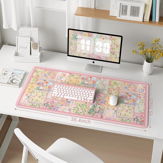 iCasso Pink Desk Mat for Keyboard and Mouse, Large Mouse Pad, Floral Desk Pad - Image 2