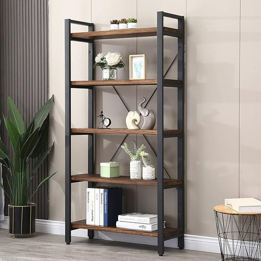 5 Tier Bookcase, Solid Wood Bookshelf Rustic Vintage Industrial Etagere Bookcase, Metal and Wood Free Vintage Bookshelf, Retro Brown (Real Wood) (5-Tiers)-DeskLoop Office