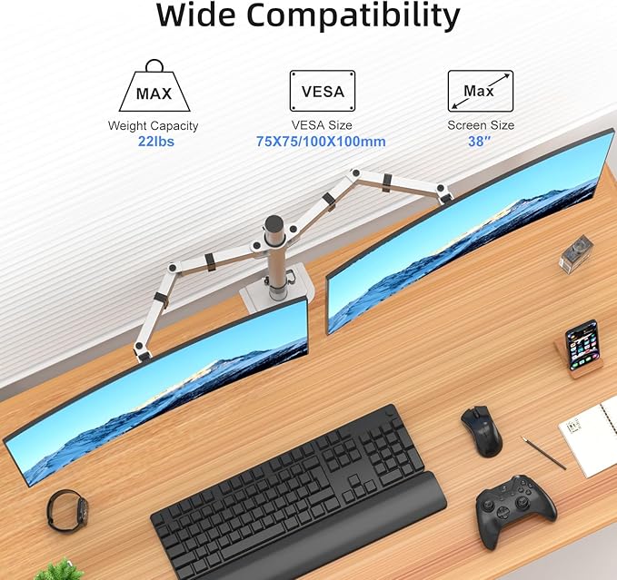 Suptek Dual Monitor Desk Mount, Adjustable Dual Monitor Arm for 2 Monitor Screens up to 38 inch, Extra Tall 15.75" Pole Monitor Stand for Desk, Holds up to 22 lbs,Silver(MD9442MS)-DeskLoop Office