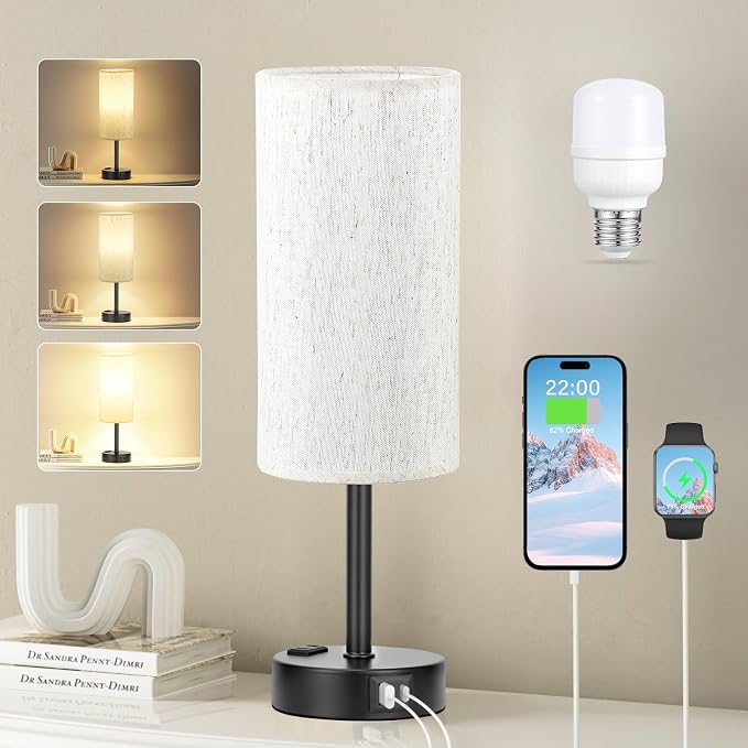 Light Beige Table Lamp for Nightstand by Fenmzeelighting