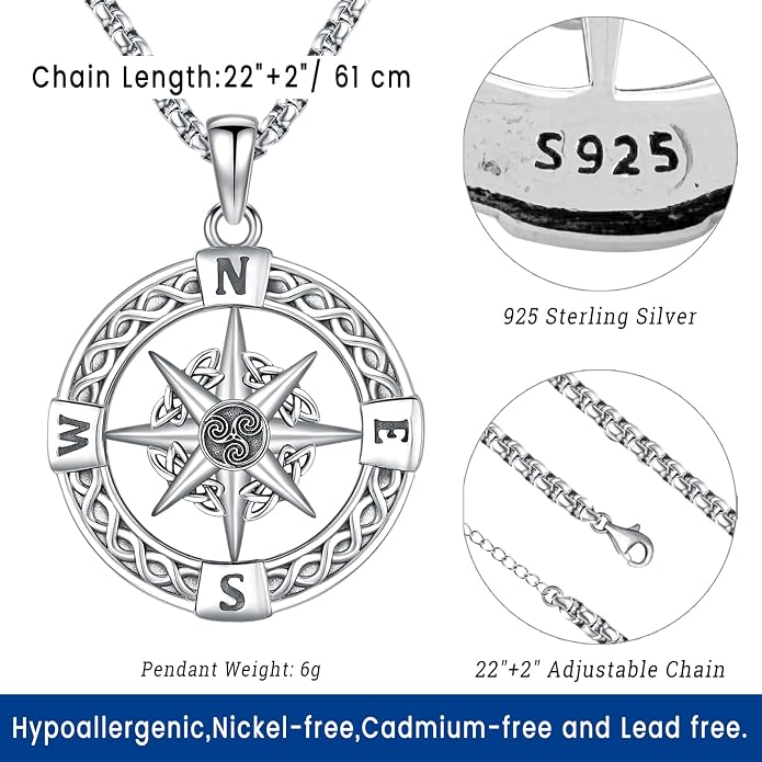Compass Necklace for Women Men 925 Sterling Silver Pendant Urn Necklaces for - Image 2