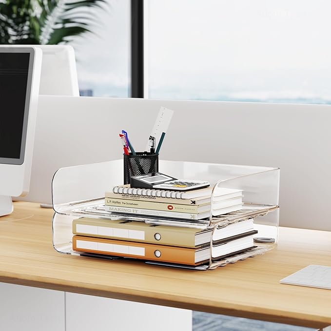 Tomorotec 2 Pack Clear Stackable Letter Tray, A4 Desk File Organizer Set | - Image 2