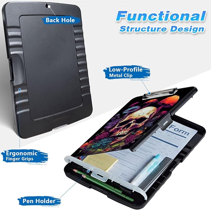 Clipboard with Storage, High Capacity Flower Skull Storage Clipboard 9.5x14 - Image 2