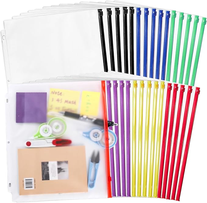 30 Pack Binder Pockets, 3 Ring Hole Binder Pouch, PVC Loose Leaf Binder Sleeves by Mezchi