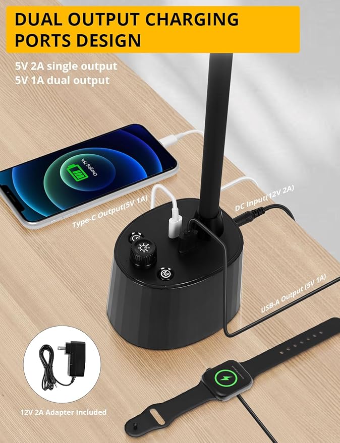 Desk Lamp with Dual Head & 10W Smart Dual USB Charging Port 5 Color Modes Dimmable Reading Light 2600 Lumens 12W Table Lamp for Bedside Office, Adapter Include-DeskLoop Office