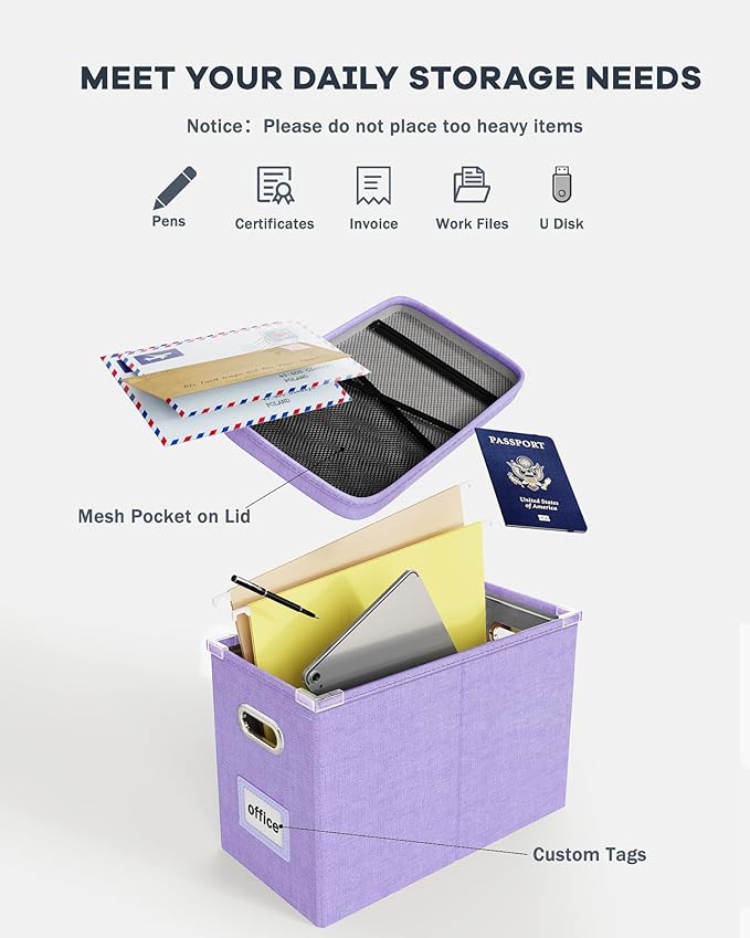 Oterri File Organizer Box with Lid, Hanging Filing File Box with Mesh Pocket, Document Organizer Box for Letter Files, Portable Storage Box with Smooth Sliding Rail for Office&Home (1 PCS, Lavender)-DeskLoop Office