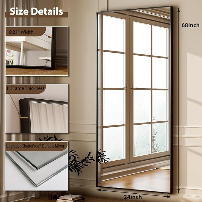 GLSLAND 68" x 24" Full Length Mirror - Rectangle Floor Mirrors Aluminum Alloy Frame Full Body Mirror for Bedroom, Living Room, Cloak Room,Black-DeskLoop Office