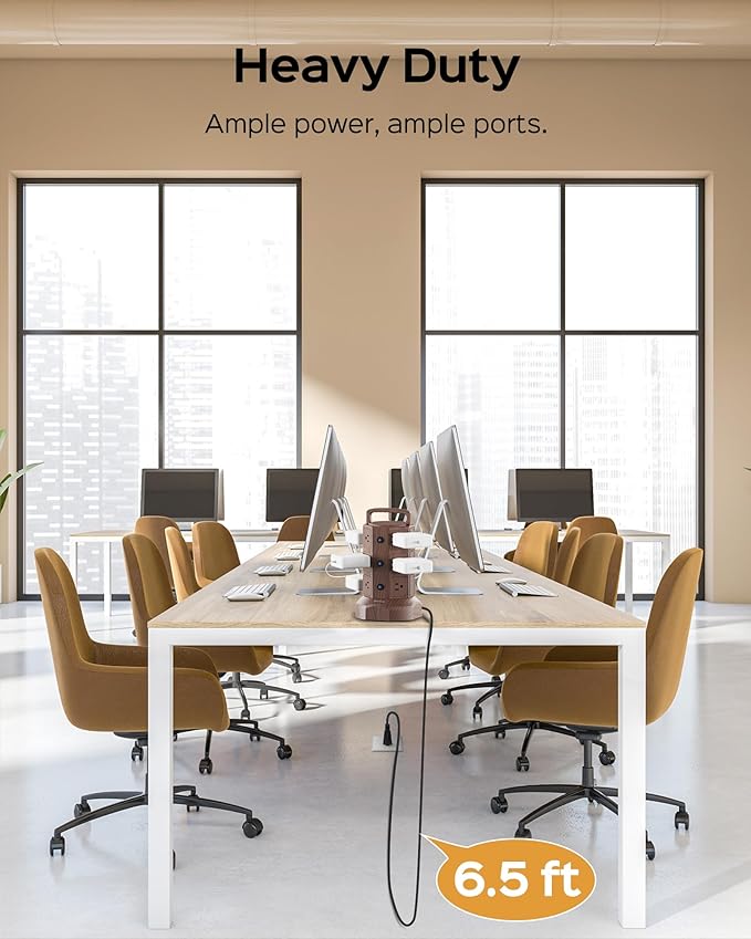 JACKYLED Power Strip Tower Surge Protector with 6.5ft Extension Cord 6 USB Ports and 12 AC Outlets Electric Charging Station for Home Office Dorm Desktop Computer Walnut and Black-DeskLoop Office