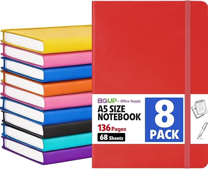 8 Pack Lined Journal Notebook for Work, A5 Hardcover, 8 Colors 136 Pages Medium by BGUP