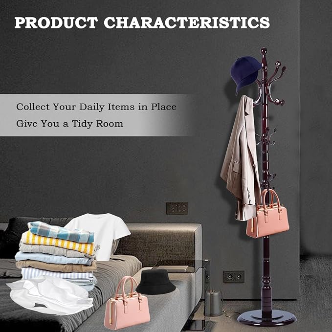 Coat Racks FreeStanding with 14 Hooks, Natural Wood Coat Rack with Solid Round Base, Adjustable Height Coat Racks, Easy Assembly for Hallway, Bedroom and Office (Rosewood Ruyi Hook)-DeskLoop Office