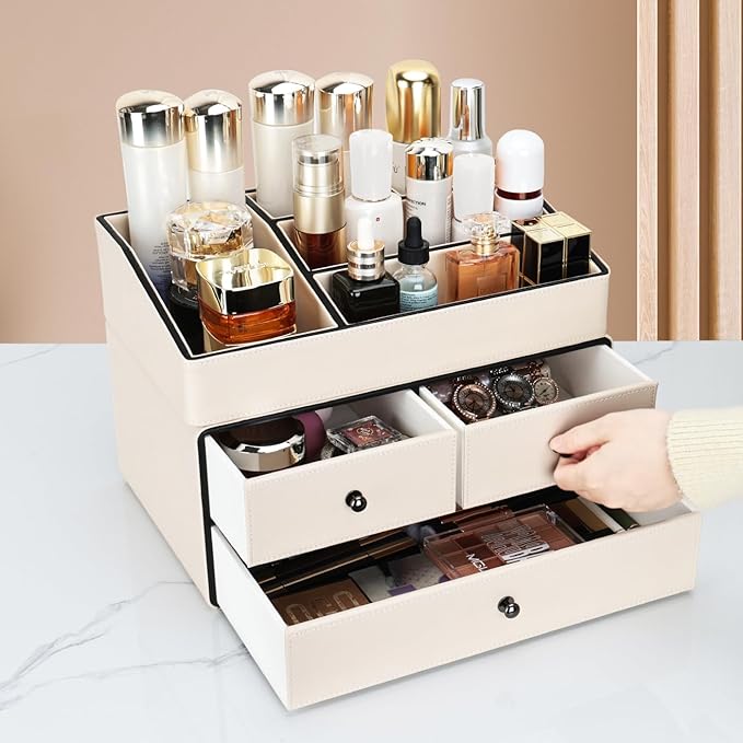 KINGFOM Leather Makeup Organizer with 3 Drawers, 2 Tier Cosmetic Storage Organizer for vanity Dresser Countertop and Bathroom Vanity, Beauty Holder for Lipstick Brush Skincare (Beige)-DeskLoop Office