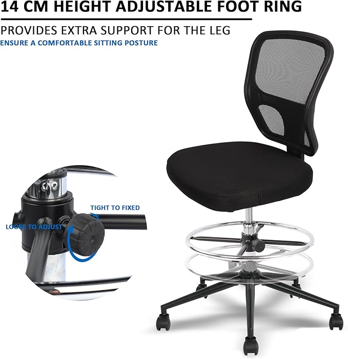 Armless Drafting Chair Tall Office Chair Adjustable Height High Back Ergonomic Desk Chair Drafting Stool Rolling Bar Stools Chairs with Footrest and Wheels-DeskLoop Office