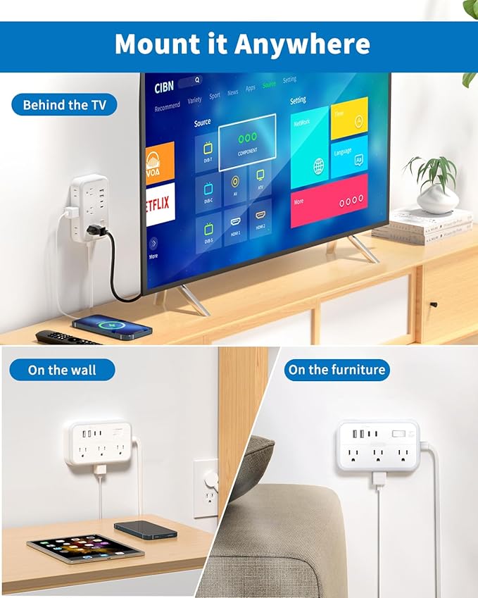 Flat Extension Cord 15 ft, NTONPOWER Surge Protector Power Strip with 6 Widely Outlets 4 USB Ports(2 USB C), Flat Plug, Wall Mounted, Side Outlet Extender for Indoor, Home Office, Dorm Room Essentials-DeskLoop Office
