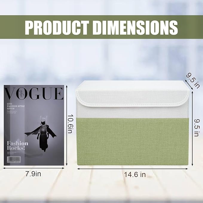 Large 22 Quart Linen Fabric Foldable Storage Bin Cube Organizer Basket with Flip-Top Lid & Handles, Clothes Blanket Box for Home, Office, Closet, Green & White, 4 Pack 14.6 x 9.5 x 9.5-DeskLoop Office