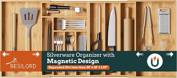Silverware Organizer Large, Magnetic Connected Expandable 11 Slots Silverware by Besilord