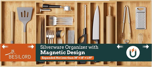 Silverware Organizer Large, Magnetic Connected Expandable 11 Slots Silverware by Besilord
