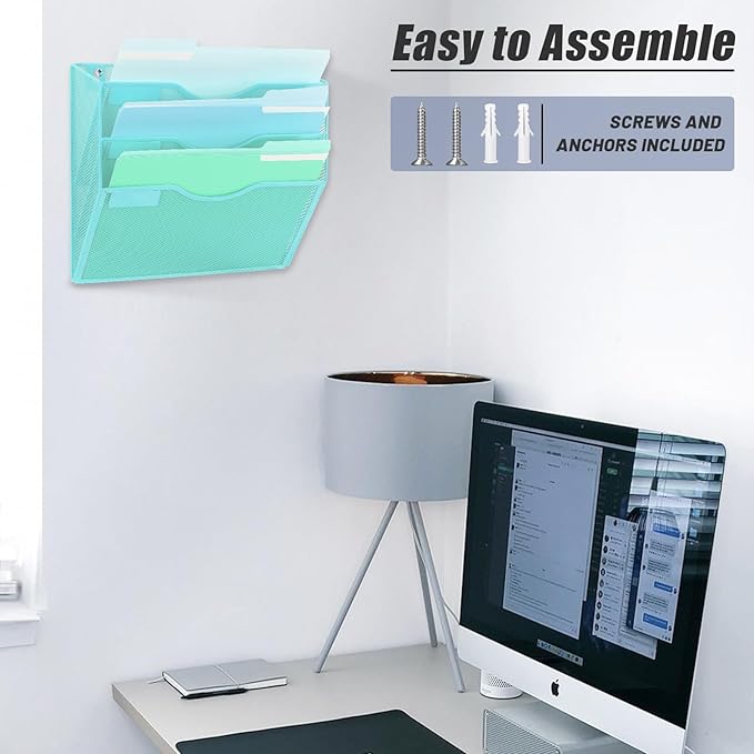 EASEPRES 3 Pocket Mesh Hanging Wall File Organizer, Wall Mounted Mail Paper Document Folder Holder, Clipboard Storage Organization Magazine Rack with Nametag Label for Office Home School, Blue-DeskLoop Office