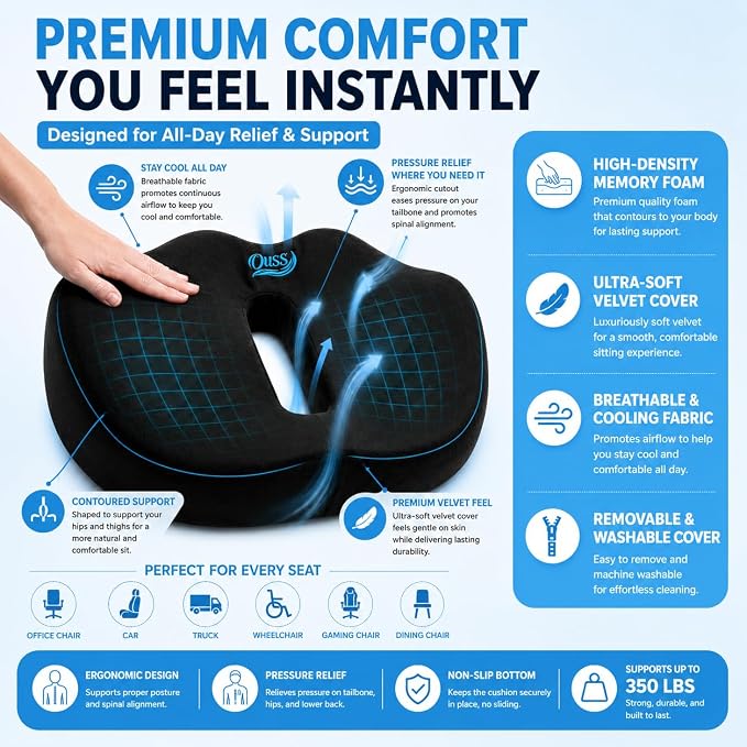 Seat Cushion, for Office Chairs, Coccyx & Tailbone Pain Relief, Ergonomic Design - Image 4