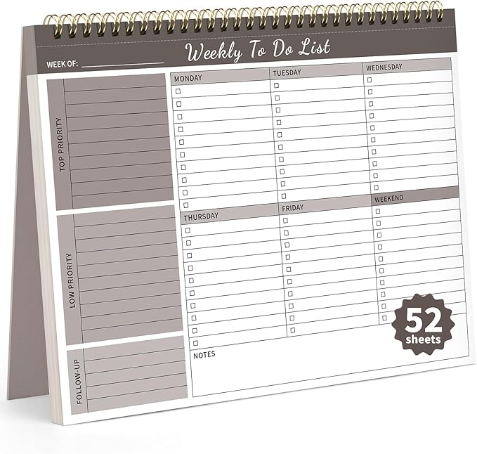 Weekly To Do List Notepad, 52 Undated Sheets （8.5"×11") Duplex-printed Weekly Planner Notepad For Work Home School Office Desk Accessories Supplies & Goal Setting Tasks - Brown-DeskLoop Office