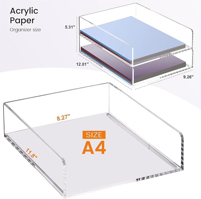 HeZone Paper Organizer Letter Tray, Acrylic Desk Organizer, Stackable Paper Tray - Image 2