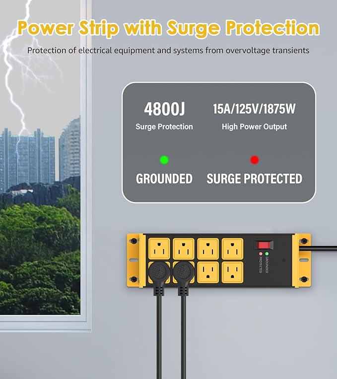 HHSOET 2 Pack Heavy Duty Power Strip 8 Outlets, Metal Wall Mount Outlet Strip 4800J Surge Protector, Garage Shop Under Desk Mountable 10FT Extension Cord Plug.-DeskLoop Office