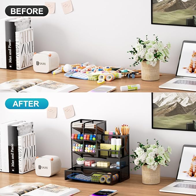 Marbrasse Mesh Pen Holder for Desk, Multi-Functional Pencil Organizer with Drawer, Desk Organizers and Accessories for Office Art Supplies (Black)-DeskLoop Office