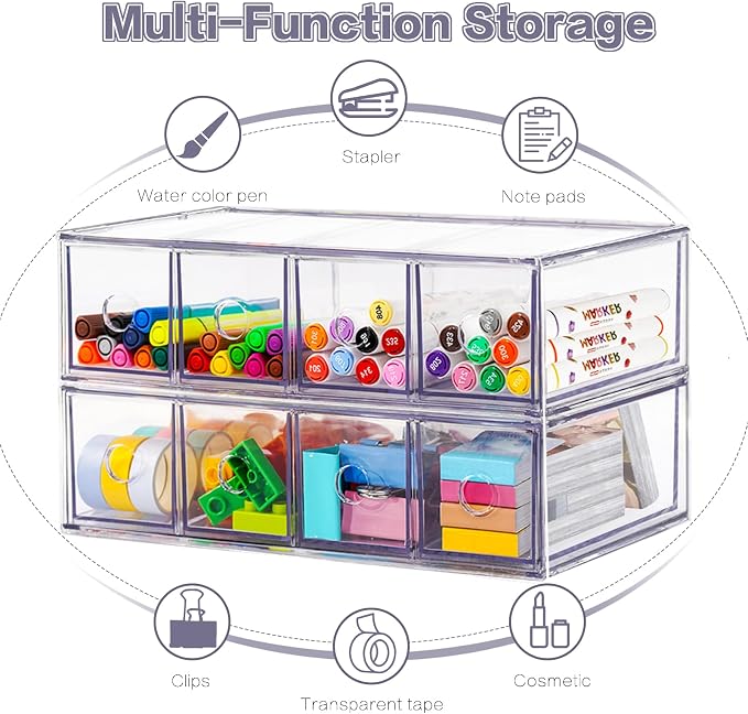 Desk Organizer with 8 Drawers, FODIENS 2 Packs Stackable Desktop Storage Box - Image 5