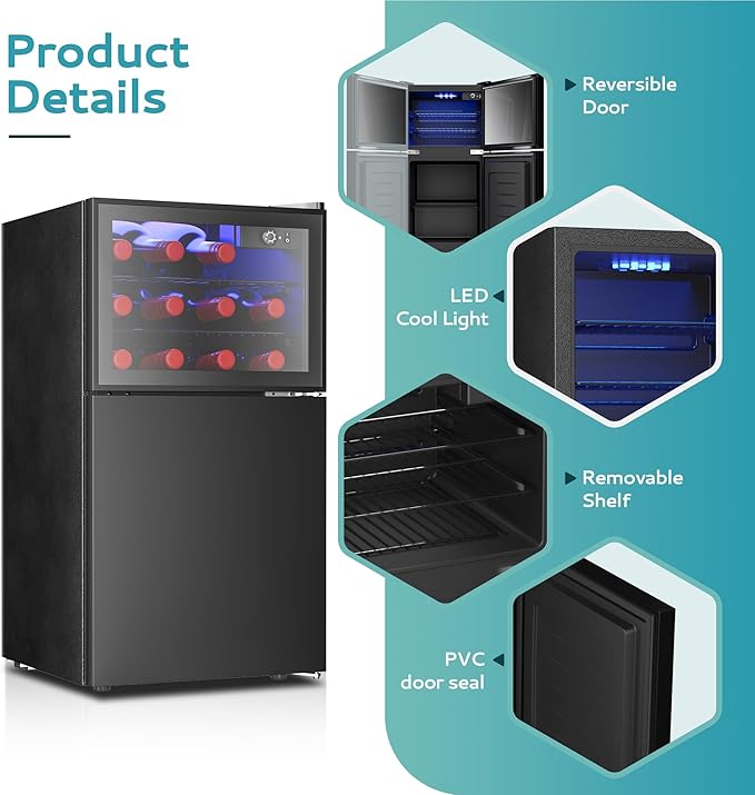 EUHOMY Double Door Mini Fridge With Freezer, Freestanding Wine Cooler Refrigerator With Reversible Door, Compact Refrigerator Temperature Control, Wine Fridge Perfect For Kitchen Home Office.-DeskLoop Office