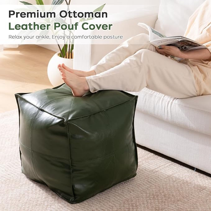 Unstuffed Pouf Cover, 17.7" Faux Leather Poofy Ottoman Cover, Square Footstool For Storage Living Room Decoration Foot Rest, Footrest for Bedroom Balcony Office Chair, (Only Cover, No Filler), Green-DeskLoop Office