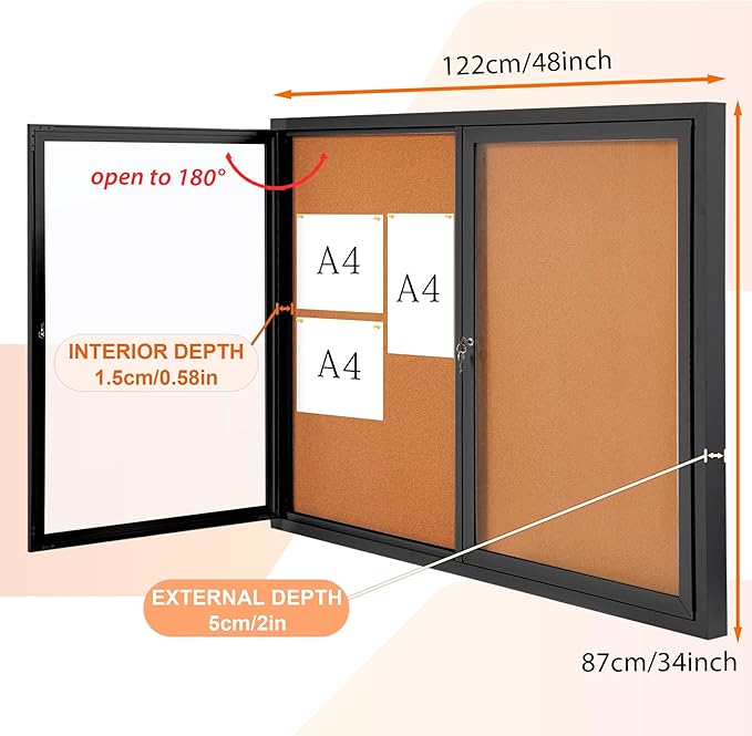 Enclosed Bulletin Board Outdoor Noticeboard with Locking Door, Weather-Resistant, Cork, Black Aluminum Frame, 48 x 34 in-DeskLoop Office