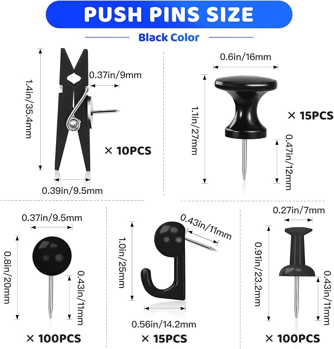 240Pcs Black Push Pins, 5 Style Thumb Tacks, Cork Board, Cork Board Accessories - Image 2