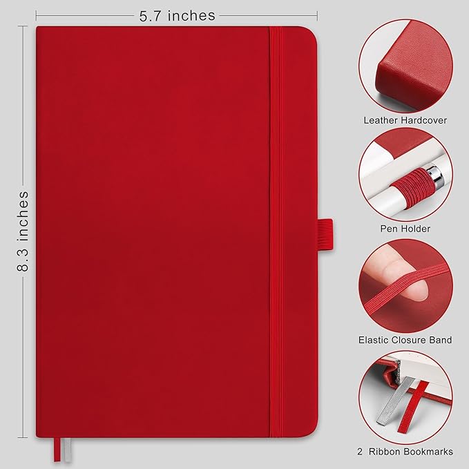RETTACY Bullet Dotted Journal Notebook, 256 Pages, A5 Medium Size (5.7'' × 8.3''), Leather Hardcover, 120 GSM Thick Paper, for Bullet Journaling, Planning, Tracking (Red)-DeskLoop Office