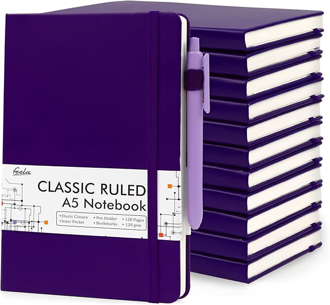 feela 12 Pack Notebooks Journals Bulk, Hardcover Notebook Classic Ruled Journal Set with Pen Holder for School Business Work Travel Writing, with 12 Black Pens, 120 GSM, 5.1”x8.3”, A5, Purple-DeskLoop Office