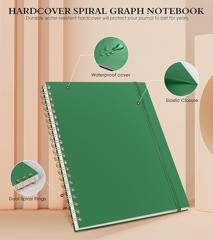 Graph Paper Notebook, Spiral Notebook Journal 8.5” x 11”, A4 Large Grid Notebooks for Women Men, 100 GSM Graph Paper, Plastic Hardcover Spiral Graphing Journals for Work School Engineerin, Green-DeskLoop Office