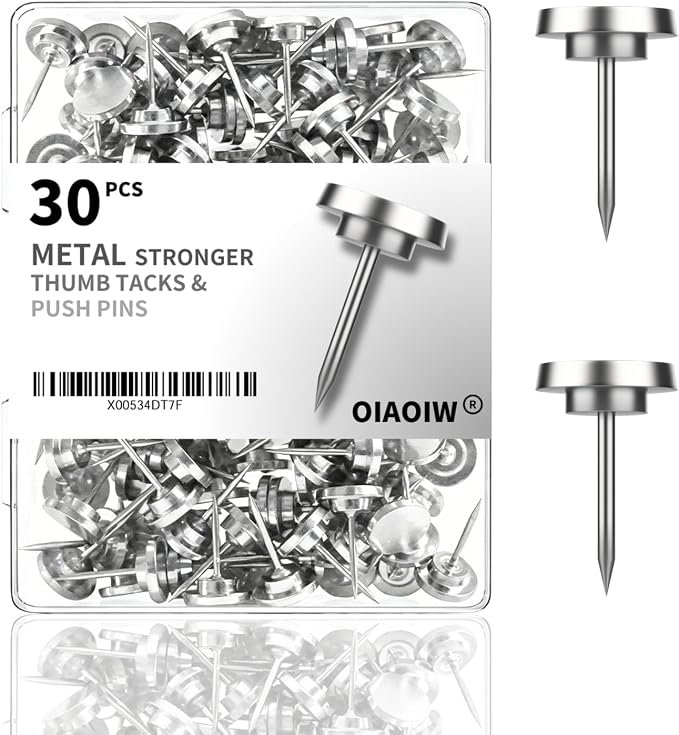 30 PCS Metal Silver Push Pins for Wall Thumb Tacks for Walls Flat thumbtacks by OIAOIW
