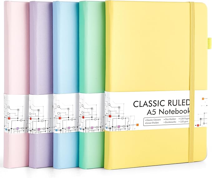 feela 5 Pack Notebooks Journals Bulk, Hardcover Classic Ruled Lined Journals with Pen Holder for Women Girls School Business Supplies, with 5 Black Pens, 120 GSM, 5.1”x8.3”, A5, Pastel Colors-DeskLoop Office