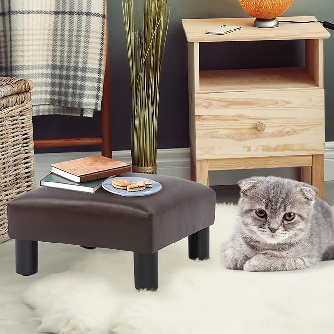 Joveco Small Foot Rest Stool Ottoman, 15" Leather Footrest Square Footstool with Non-Skid Plastic Legs, for Chair, Under Desk, Office, Living Room, Brown-DeskLoop Office