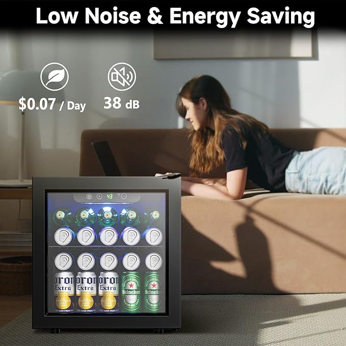 50 Cans Beverage Refrigerator Cooler, 1.3 Cu.Ft Mini Fridge with Glass Door for Soda Beer Drink Wine, Countertop Small Fridge for Bedroom Dorm Office Home Bar, Black-DeskLoop Office