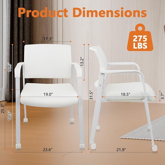 CLATINA Stacking Office Chairs with Wheels | Mesh Back, Thicken Leather Seat and Streamline Armrests, Ergonomic Lumber Support | School, Desk, Guest Reception, Waiting, Conference, White-DeskLoop Office