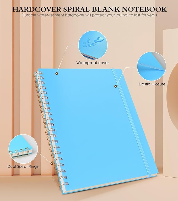Blank Spiral Notebook Journal 8.5” x 11”, A4 Large Sketch Book for Women Men, 100 GSM Blank Paper Drawing Notebook, Plastic Hardcover Spiral Bound Sketchbook for Sketching Work School Writing, Blue-DeskLoop Office