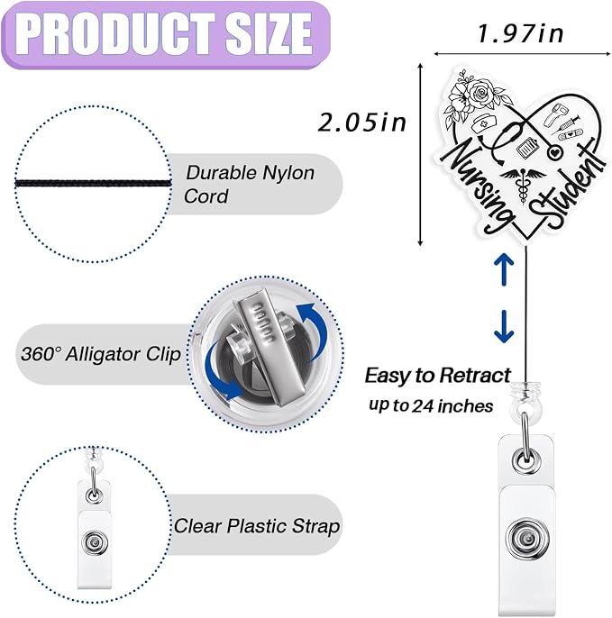 Elegant Nursing Student Badge Reel Retractable, Cute Student Nurse Acrylic - Image 2