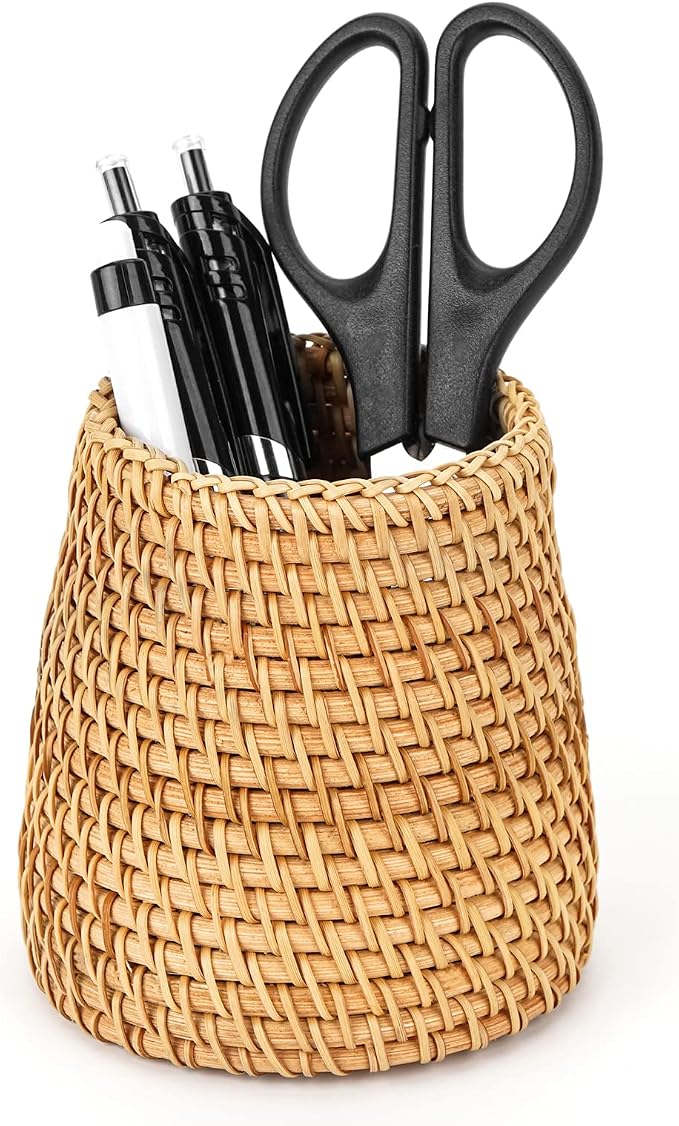 Wicker Rattan Pencil Holder, Handwoven Natural Rattan Pen Cup Organizer by JANKOW