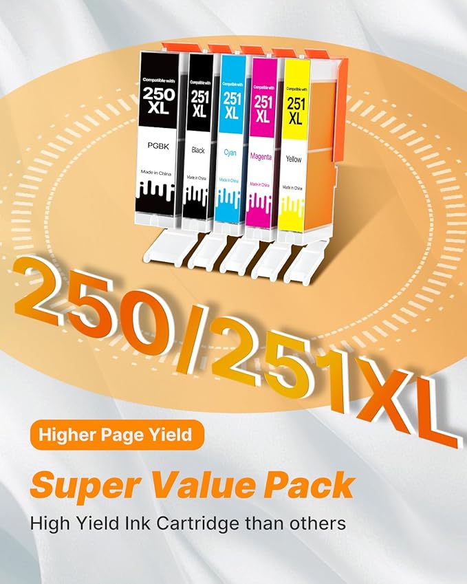 250 251XL Ink Cartridges for Canon Printers for Canon 250 and 251 Ink Cartridges for PIXMA MX922, MG5420, MG5520, MG5522, MG6320, MG6620, iP7220 Printer (5 Pack, PGBK, Black, Cyan, Magenta, Yellow)-DeskLoop Office