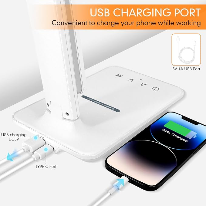 White crown LED Desk Lamp with 15W Wireless Charger & USB Port, Dimmable Table - Image 5