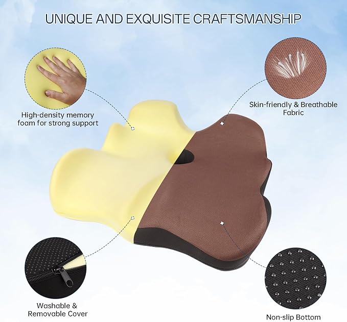 Seat Cushion, X-Large Memory Foam Office Chair Cushion, for Pressure Relief Sciatica & Pain Relief for Long Sitting Hours on Office/Home Chair, Car (Brown)-DeskLoop Office