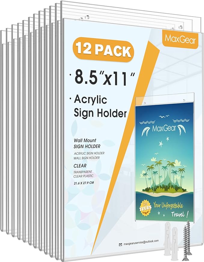 MaxGear Acrylic Wall Mount Sign Holder, 8.5 x 11 Vertical, 12 Pack | Clear by MaxGear
