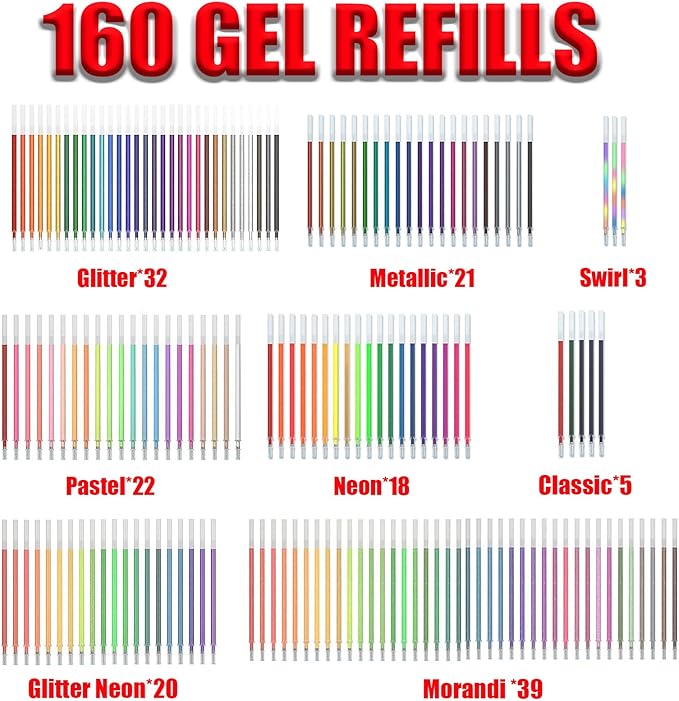 320 Pack Gel Pens Set,160 Colored Gel pen with 160 Refills 100% More Ink, Include Glitter Metallic Pastel Neon Morandi Gel pens for Adults Coloring Books Drawing Crafts Bullet Journaling-DeskLoop Office