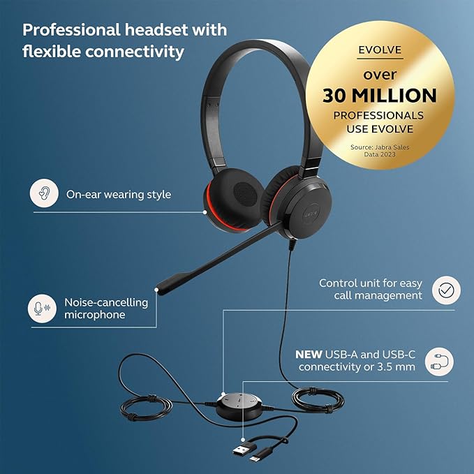 Jabra Evolve 30 II Wired Dual-Ear Headset with Mic for Work - 3.5mm Jack or USB-A/USB-C Connectivity, Computer Headset with Noise-Cancelling Microphone, Microsoft Teams Certified, Call Control – Black-DeskLoop Office